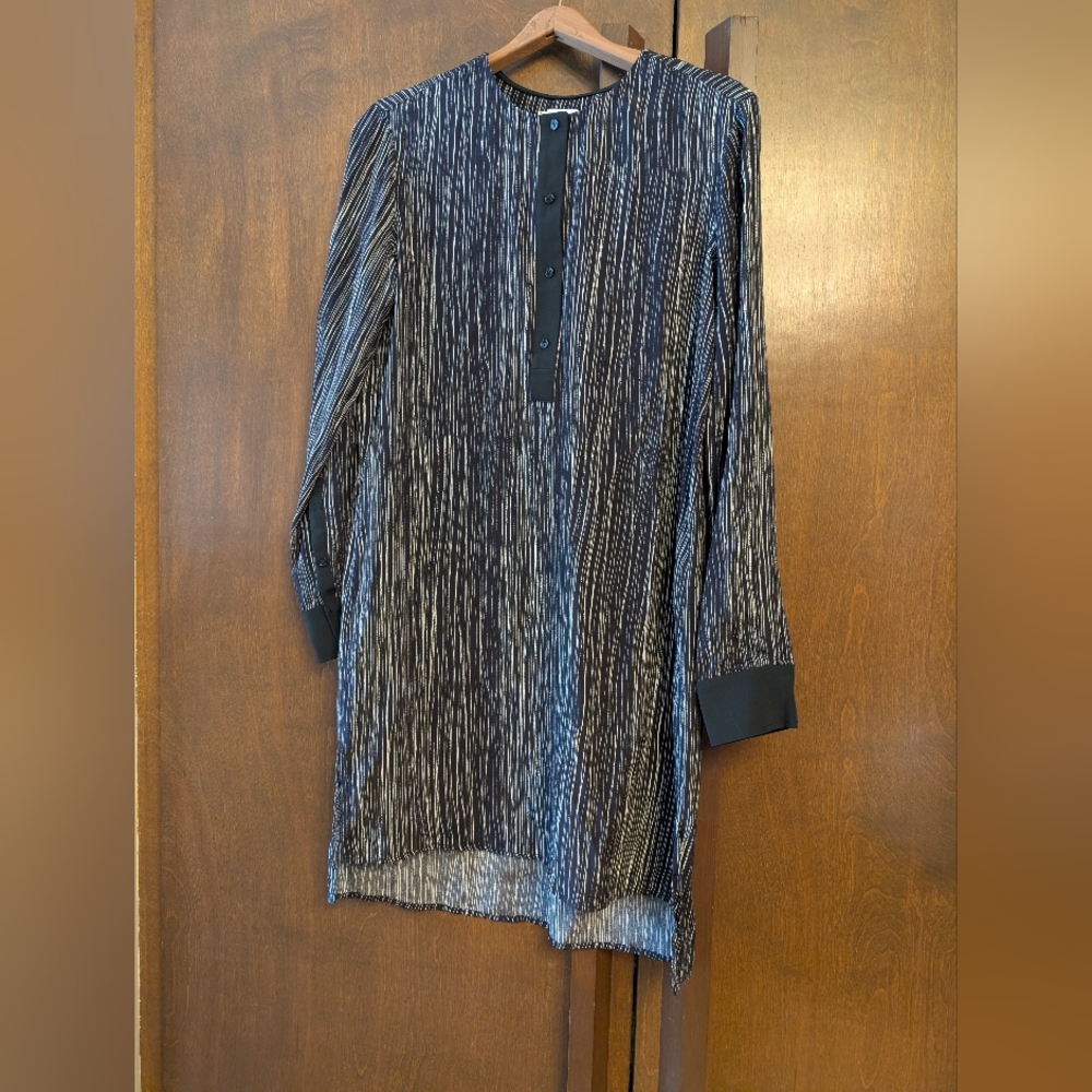 Vince Silk Black and White Striped Long Sleeve Dress